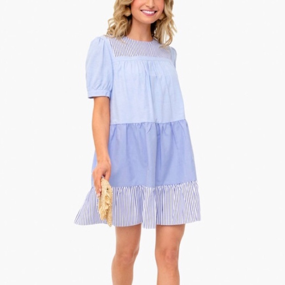 NWOT Tuckernuck Pomander Place Dress Blue Striped Chambray Tiered Cotton Shift